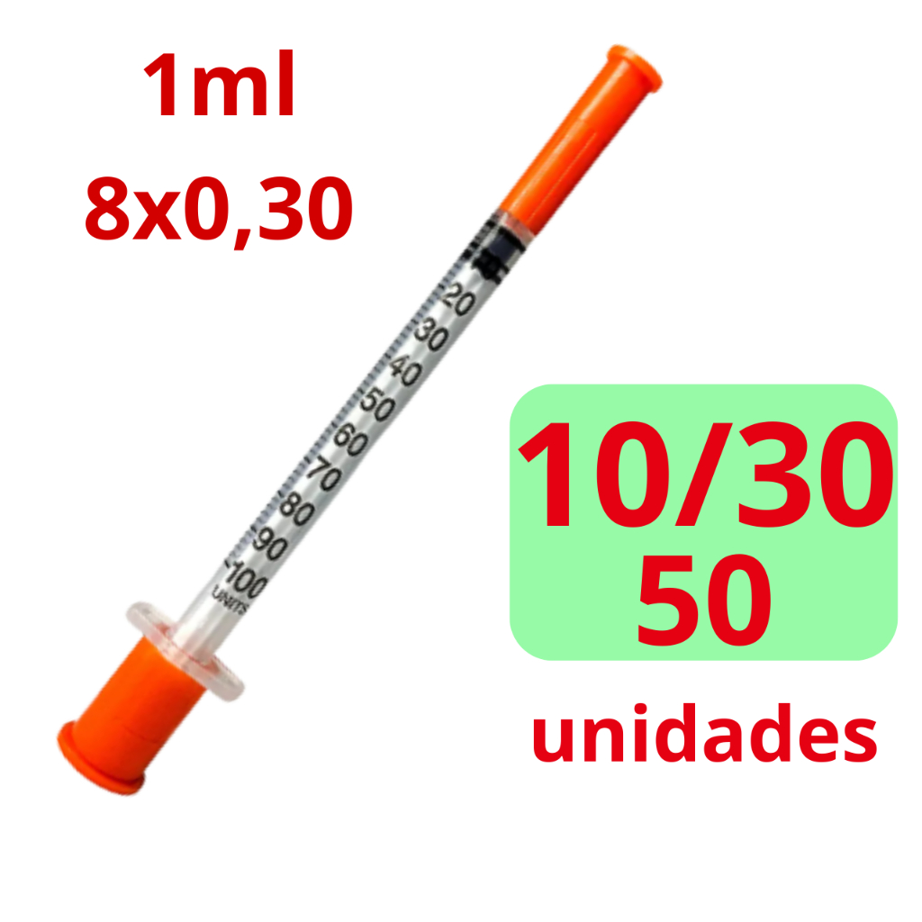 Seringa Insulina 1ml C/ Agulha Fixa 8x0,30 (100UI) Ultrafina Kit 10/30 ...