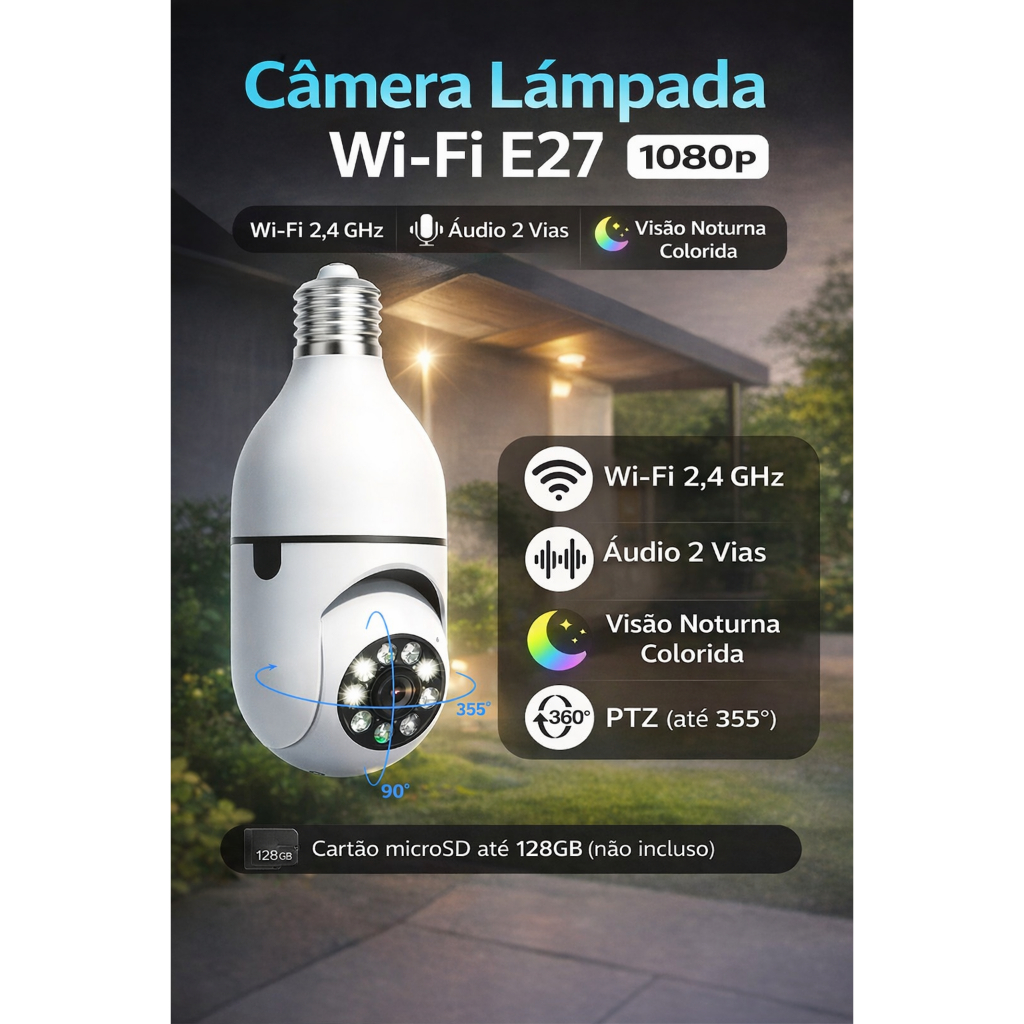 Câmera Lâmpada E27 Wi-Fi 2,4GHz 1080p PTZ 355° Visão Noturna Colorida ...