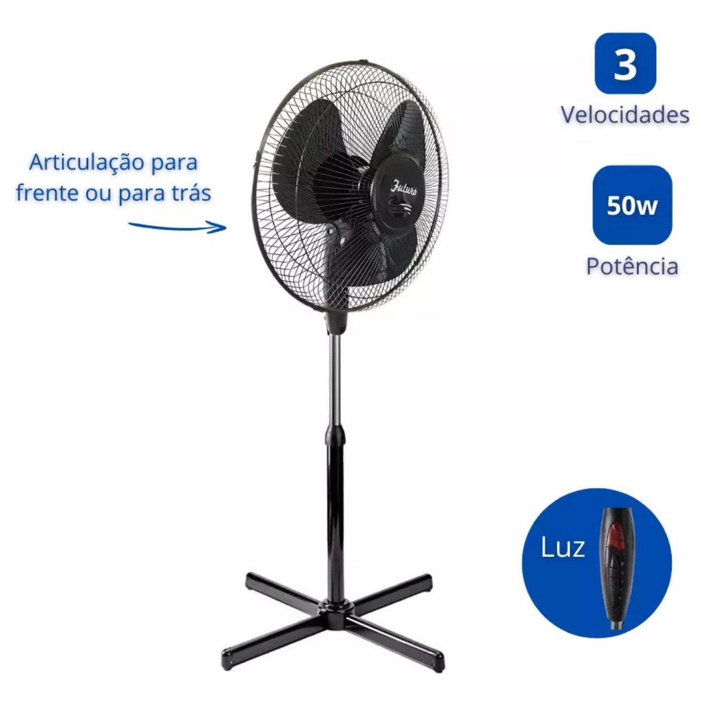 Ventilador de coluna preto com indicação de articulação e ícones mostrando 3 velocidades e 50W de potência