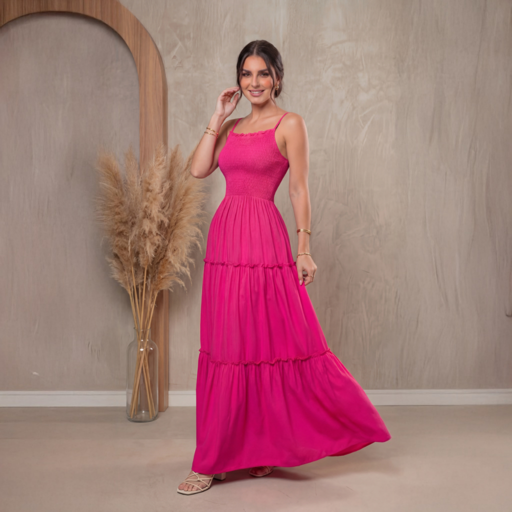 Vestido Feminino Longo de Elastex e Alça Regulável Costura 3