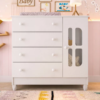 Cômoda Infantil 4 Gavetas com Porta Fraldário Gabrielle 100% MDF Branco