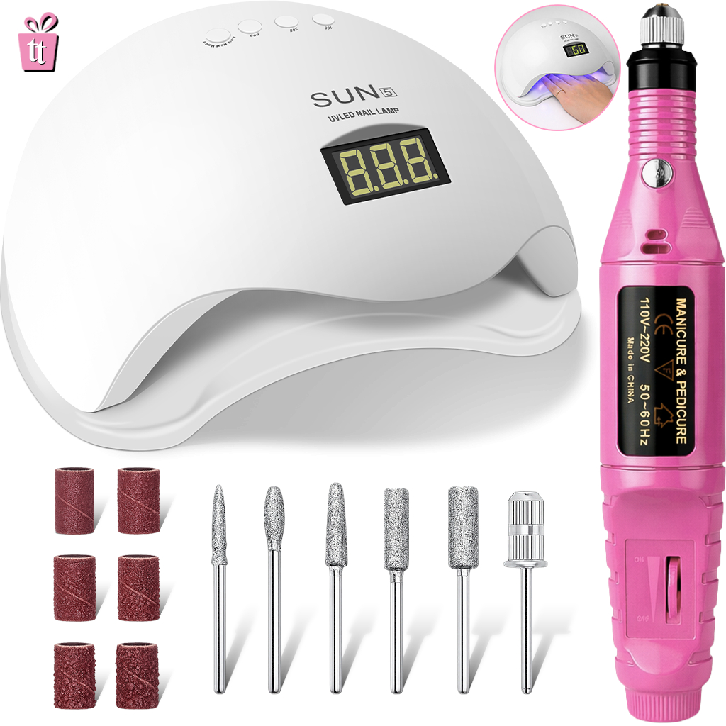 Kit Manicure Cabine Estufa 48W Sun 5 UV LED + Lixadeira Elétrica Caneta Motor