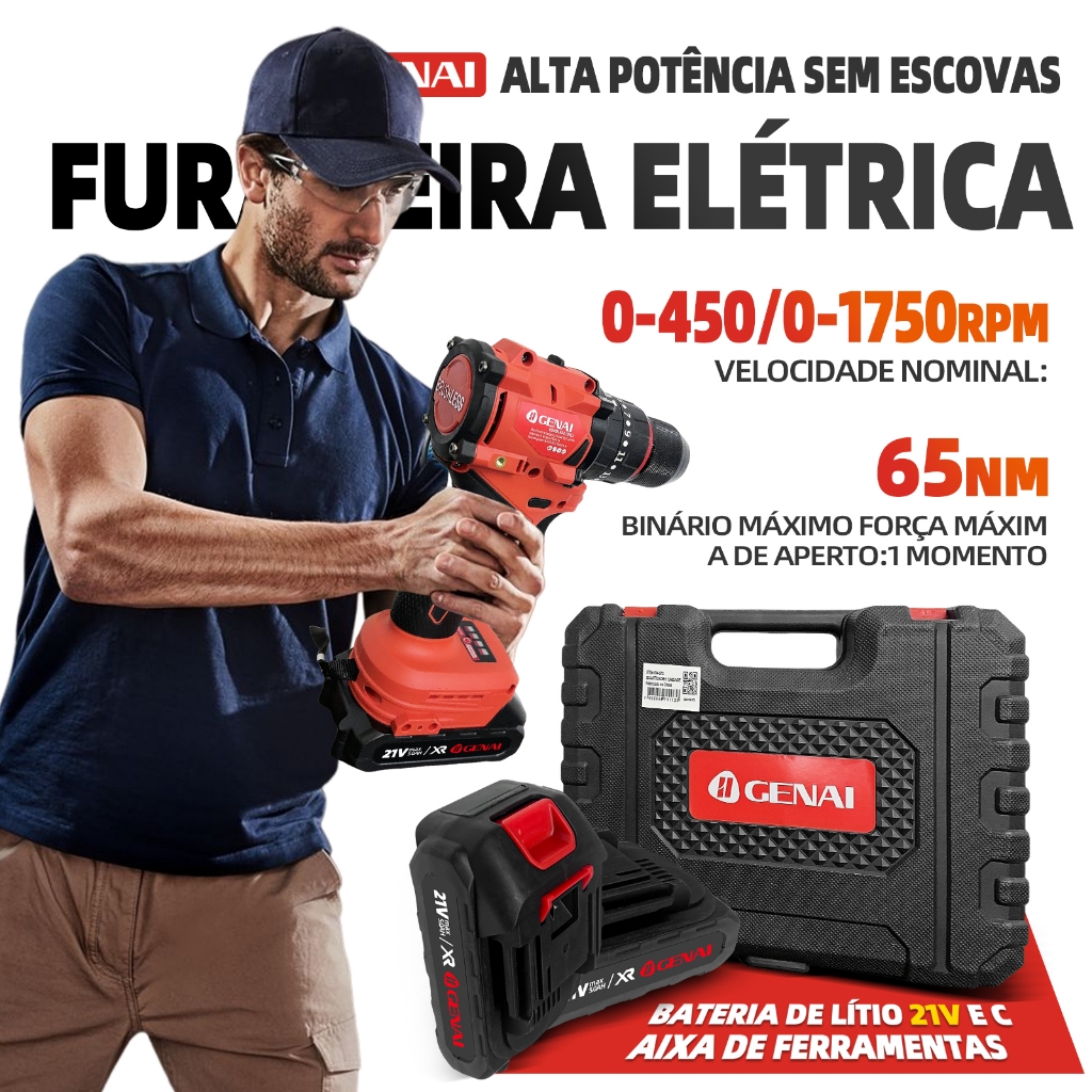 Furadeira Parafusadeira 21V com Impacto, 65N.m, Sem Escova, 2