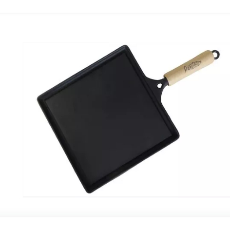 Chapa Bifeteira Lisa 25x25 Ferro Fundido Com Alças de Madeir