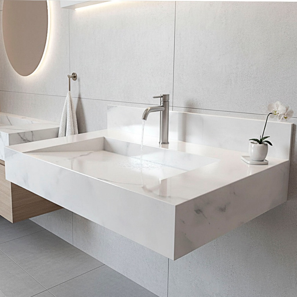 Pia Esculpida em Porcelanato Calacata Branco com Veios Cinza para ...