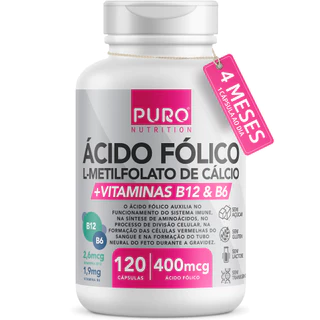 L-Metilfolato Ácido Fólico Puro Nutrition, 400 mcg de Ácido Fólico, Vitaminas B12 e B6, 120 Cápsulas