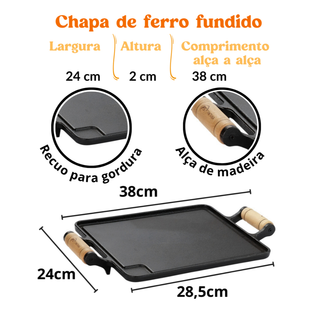 Chapa Bifeteira Ferro Fundido 38x24cm Lisa 2 Alças Madeira