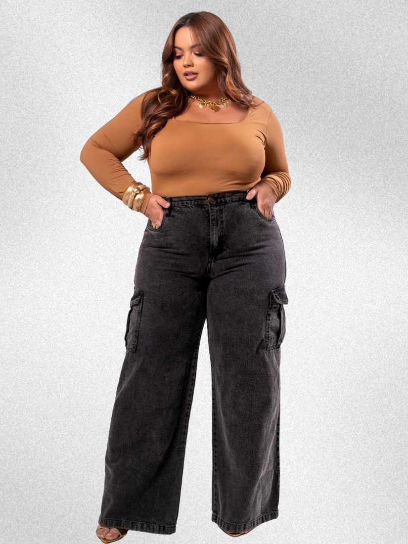 Calça Cargo Wide Leg Feminina Plus Size Cintura Alta | Shopee Brasil