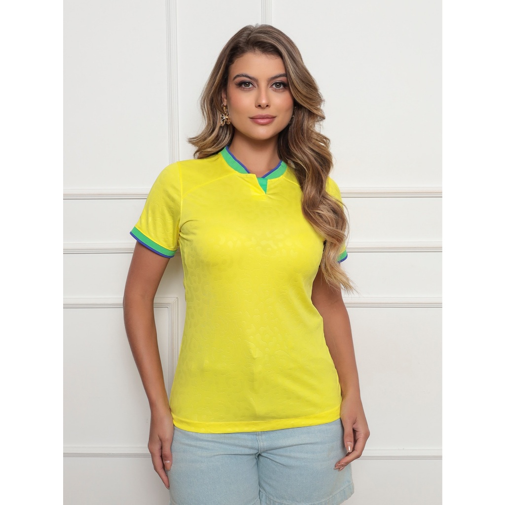 Onlyone - Camiseta Blusa T-Shirt Feminina Seleção Brasil Manga Curta Gola V Torcedora Futebol Casual Copa em Oferta na Shopee