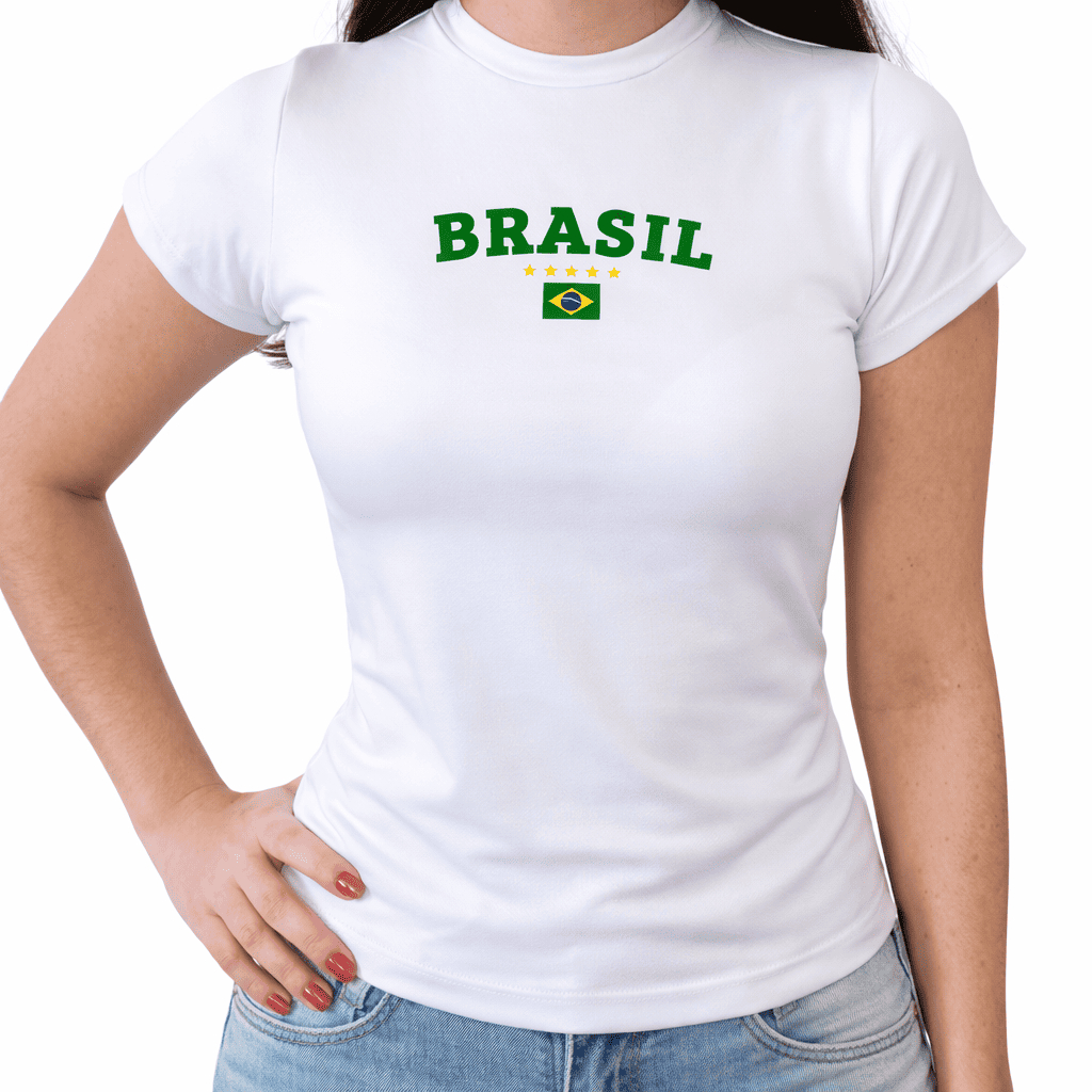 Babylook Copa 2026 Brasil Premium Toque de Poliamida Blusa Manga
