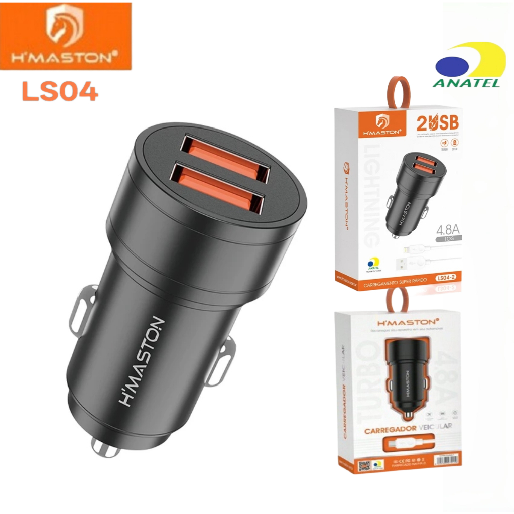 Carregador Veicular Para Celular Turbo 2 Saídas USB 4.8A Carga Rápida ...