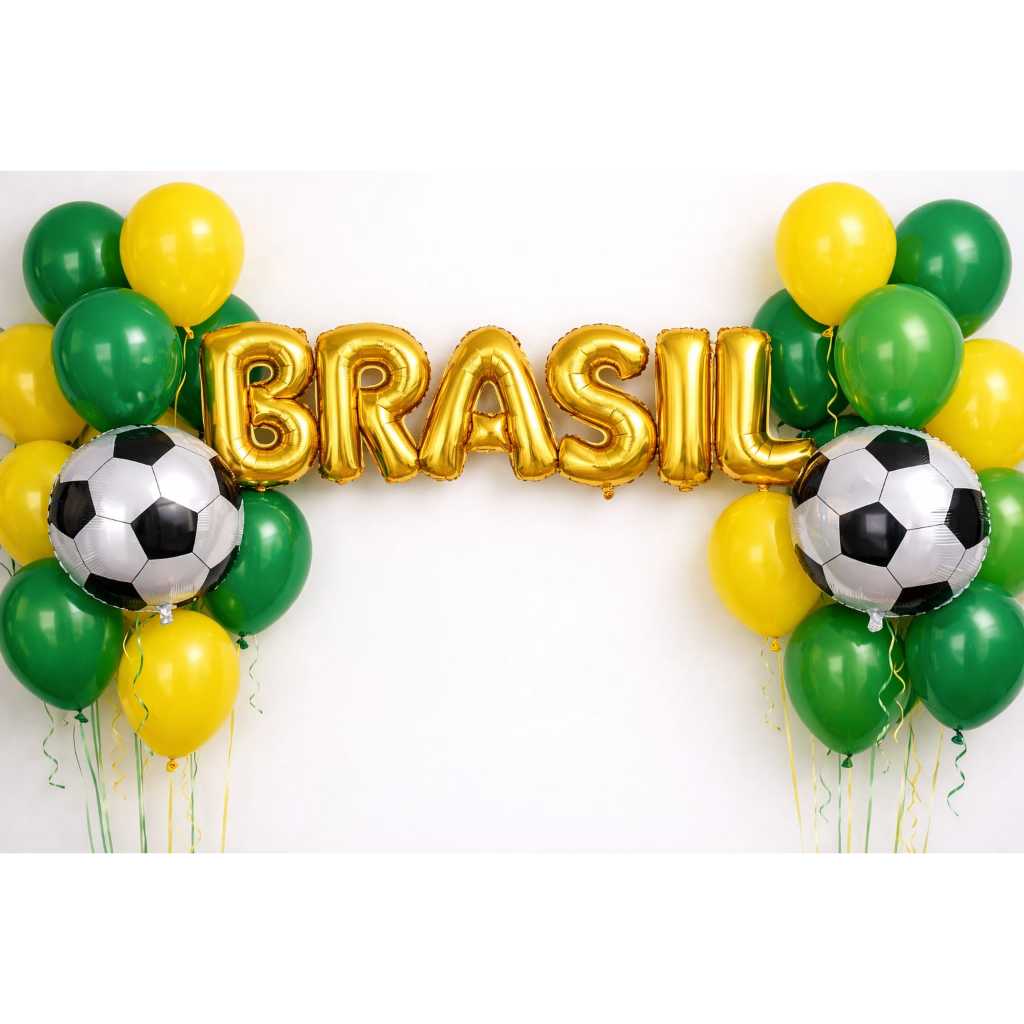 Kit BRASIL 40CM + 2 BOLAS DE FUTEBOL 45CM + 20 BALOES VERDE E AMARELO + FITILHOS - BRASIL em Oferta na Shopee