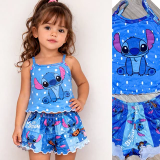 Pijama Infantil Menina Personagens Stitch, vaquinha Babydoll Sued Premium em Oferta na Shopee