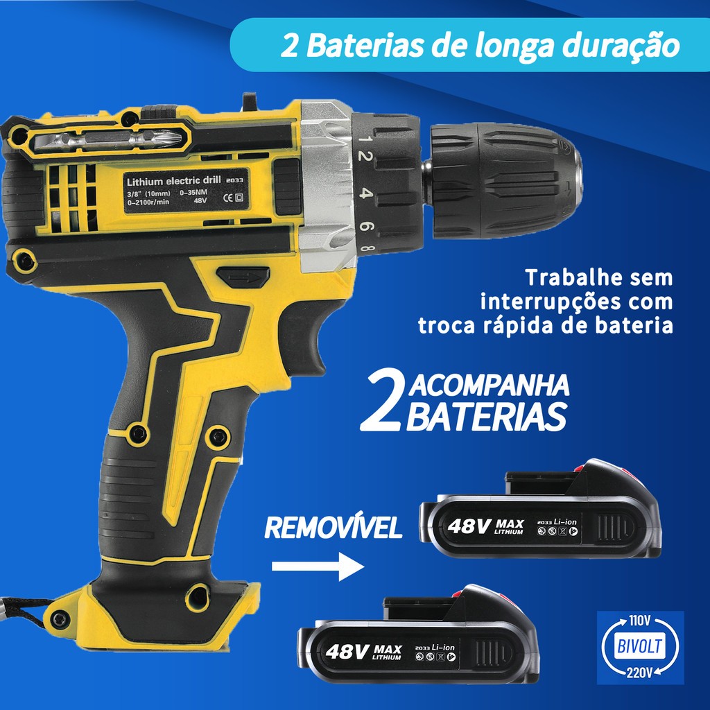 Furadeira doméstica furadeira profissional furadeira multifuncional 48 com duas baterias de lítio + caixa de ferramentas