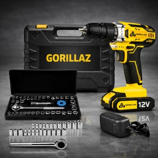 Kit Parafusadeira Furadeira 12v Mandril 3/8" Gorillaz + Jogo Ferramentas 40 Peças Soquestes Adaptador 1/4"