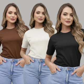 Kit 3 T-Shirt Algodão 30.1 Comfort Confortavel Estilosa Baby Look Casual Básica Urbana