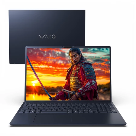 Notebook VAIO FE 16 aberto exibindo imagem de samurai na tela com laptop fechado ao fundo