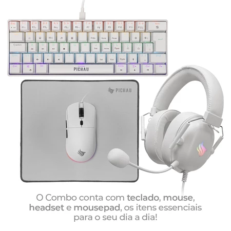 Combo Gamer Pichau Netuno V2 4x1 Teclado Mecânico ABNT2 Mouse 4200DPI Mousepad Headset 50mm Branco - Vista 5