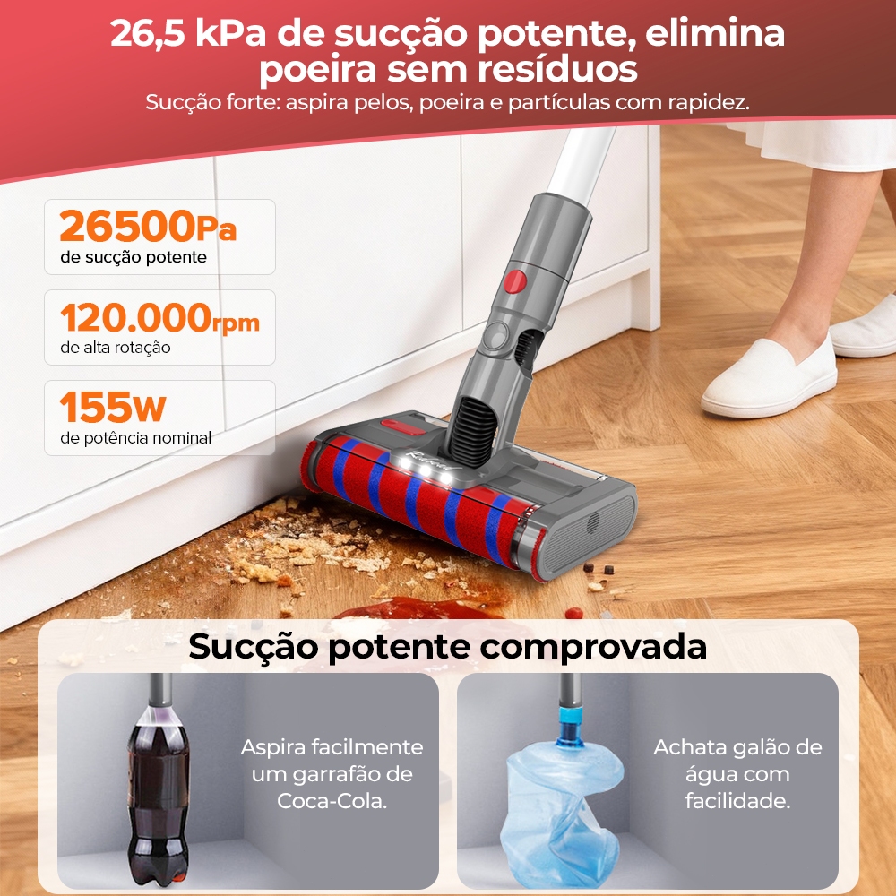 Aspirador Vertical Sem Fio 5 em 1 Redroad V17 Sucção 26500Pa
