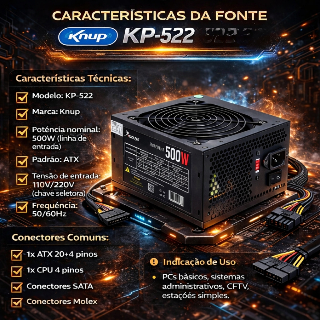 Fonte ATX 500W KP-522 Haixia Bivolt 110V/220V para PC Desktop com