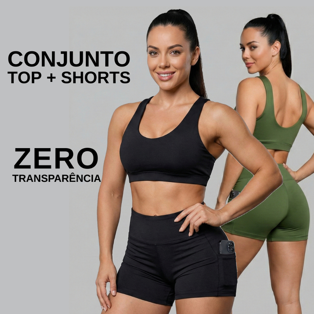 Conjunto Feminino Fitness Top Short Bolso Suplex Premium Roupa de Academia Treino Corrida