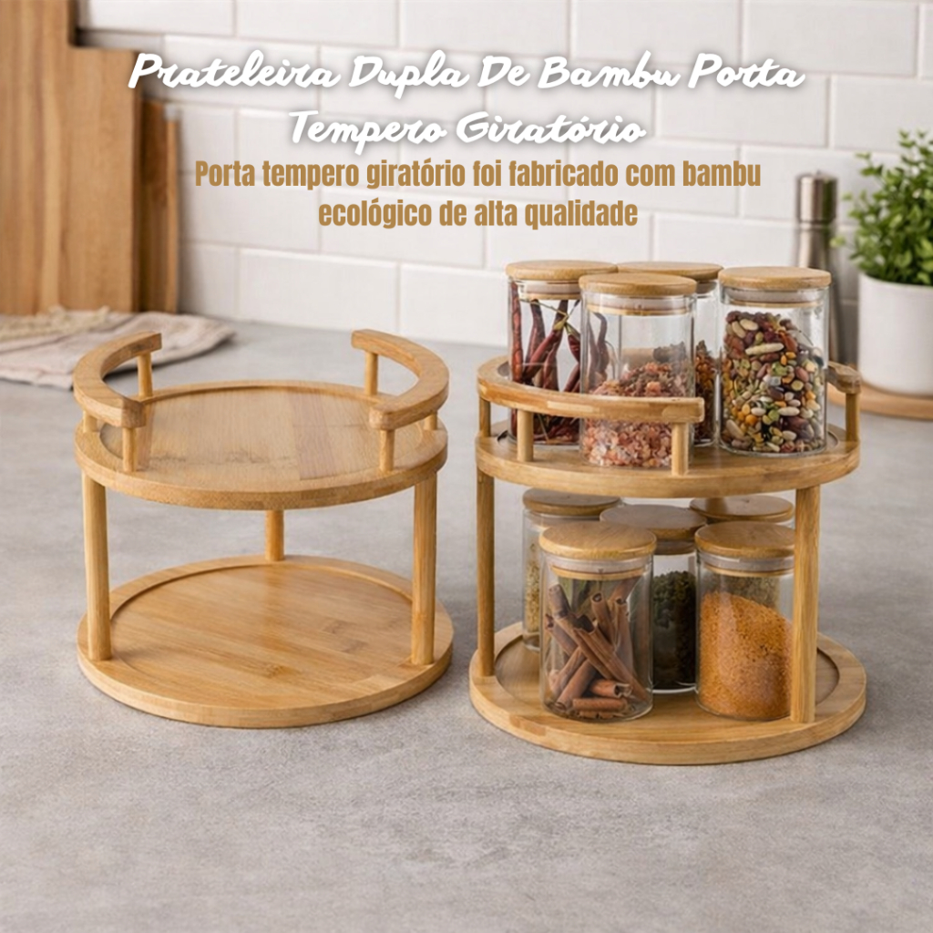 Prateleira Dupla De Bambu Porta Tempero Giratório | Shopee Brasil