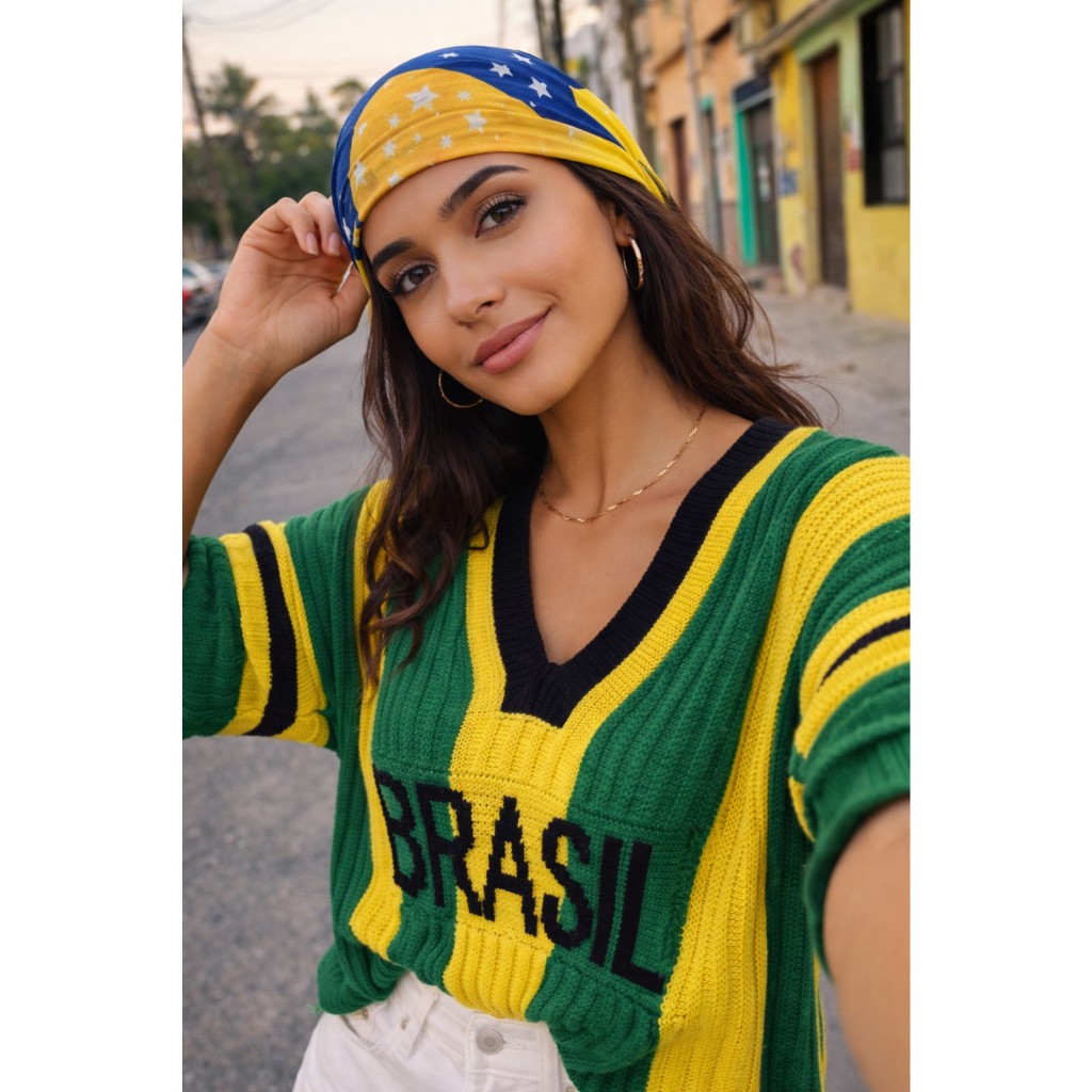Blusa Tricô Camiseta Brasil Tricot Feminina Decote V Copa 2026 em Oferta na Shopee