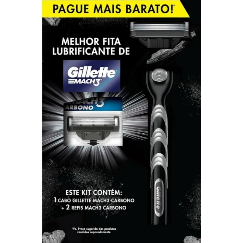 Kit 1 Aparelho Recarregável + 2 Carga para Barbear Gillette Mach3 Carbono