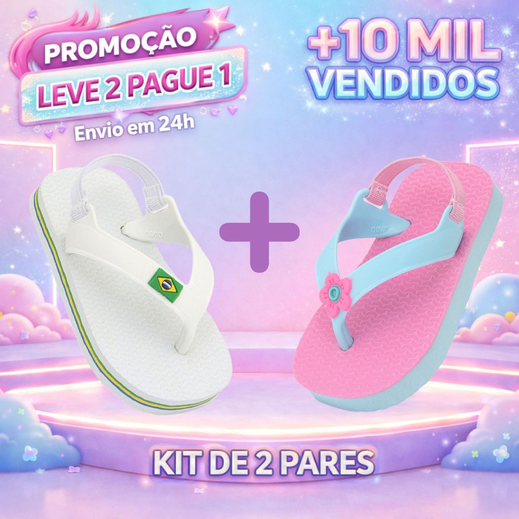 Kit 2 Chinelos de Bebê Anti-Derrapante (Tam. 17 ao 24, Diversas cores)