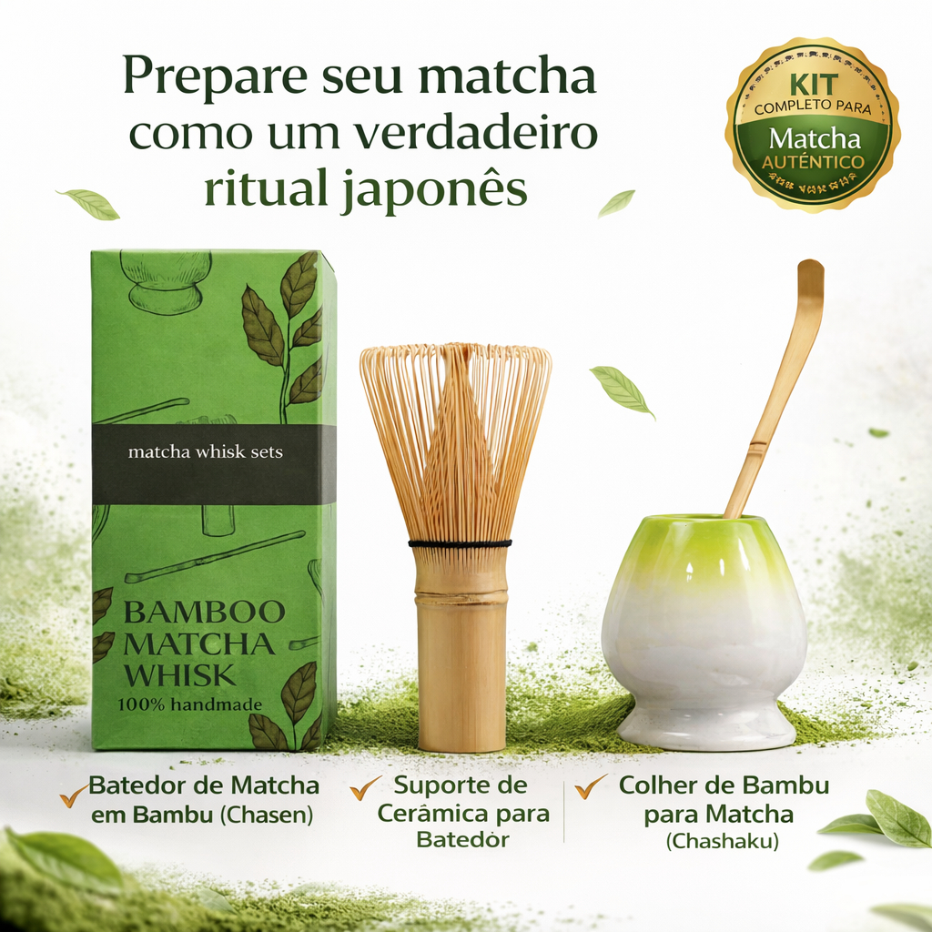 Kit Matcha Completo Japonês 3 peças Chasen + Colher + Suporte kit
