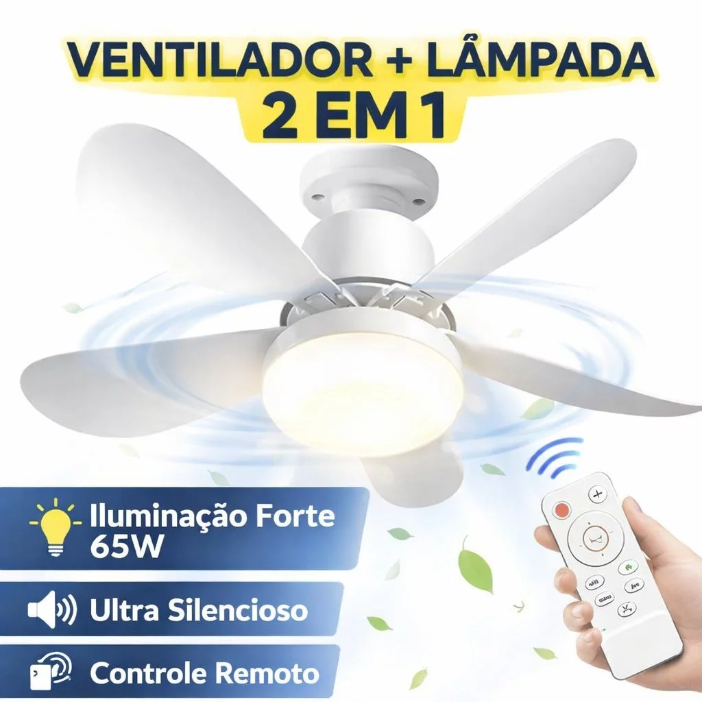 Luminária Ventilador de Teto Silencioso com Lâmpada 65W Led Bulbo E27 Controle Remoto Bivolt 6 Pás
