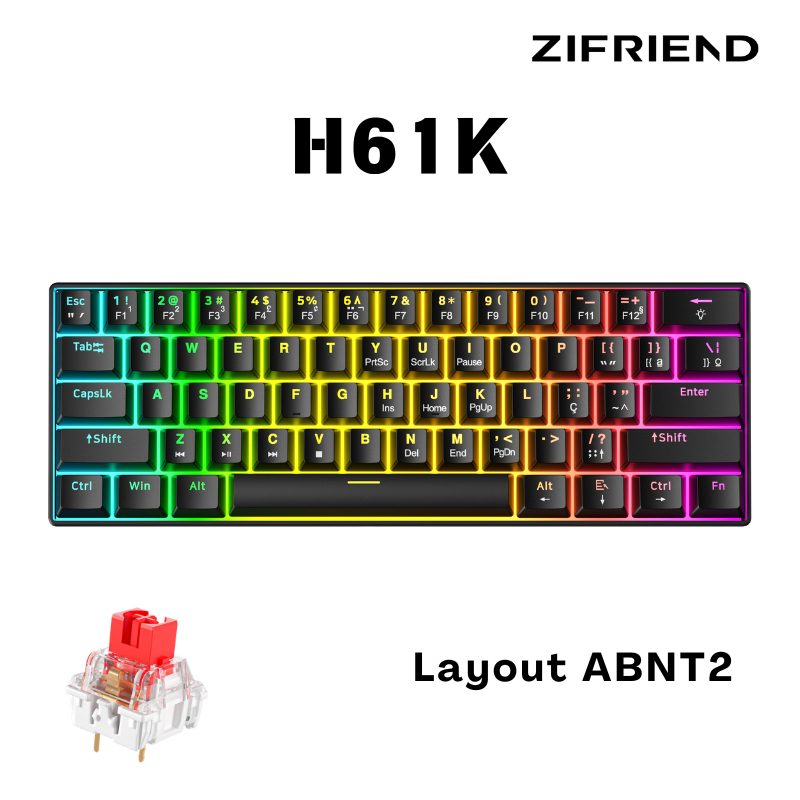 ZIFRIEND H61K Teclado mecânico 60% ABNT2 Switche Red/Blue Rainbow