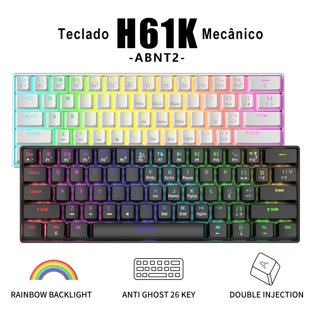 ZIFRIEND H61K Teclado mecânico 60% ABNT2 Switche Red/Blue Rainbow