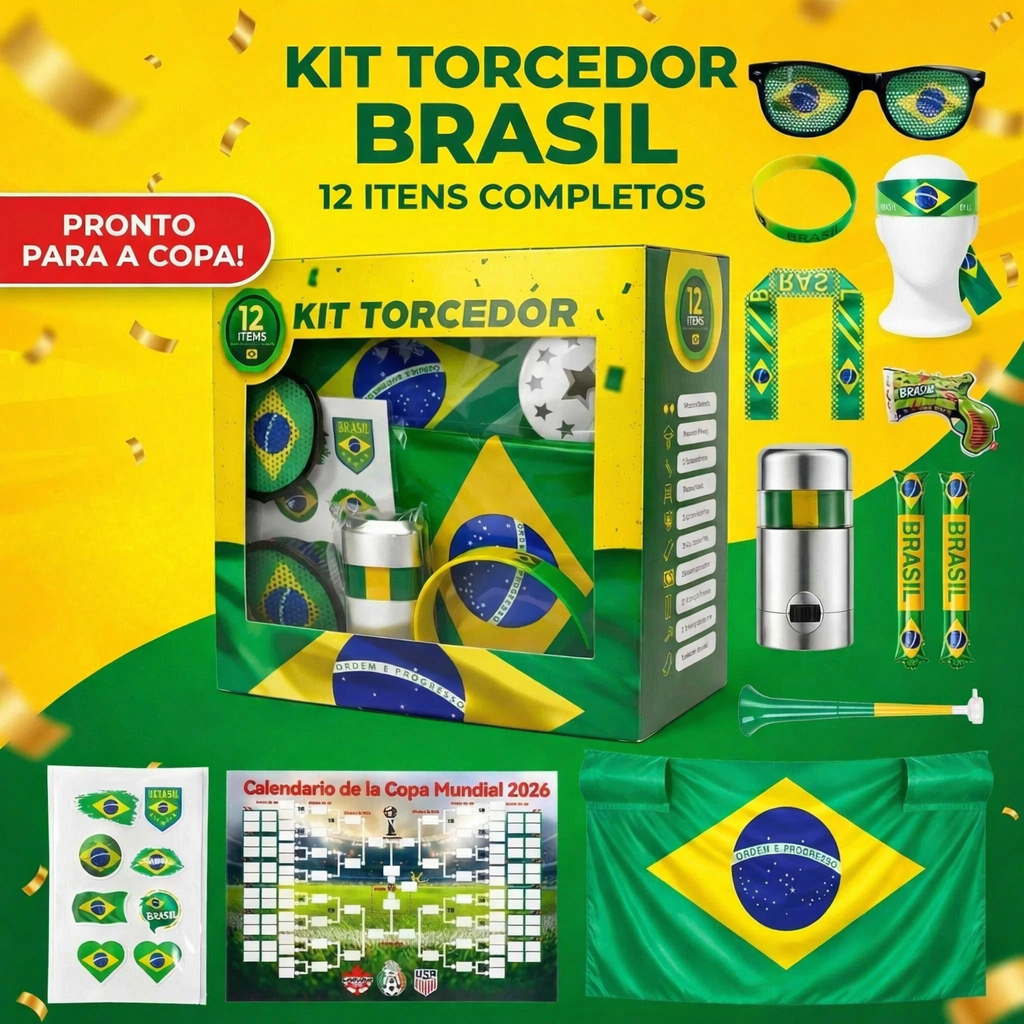 Copa Do Mundo Combo Kit Torcedor Brasil Kit 12 peças  Bandeira  Para Copa 2026  Adesivo Trompete Pintura Facial