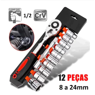 Jogo De Soquete Sextavado 1/2 Catraca 12 Peças 8 a 24mm com Extensão