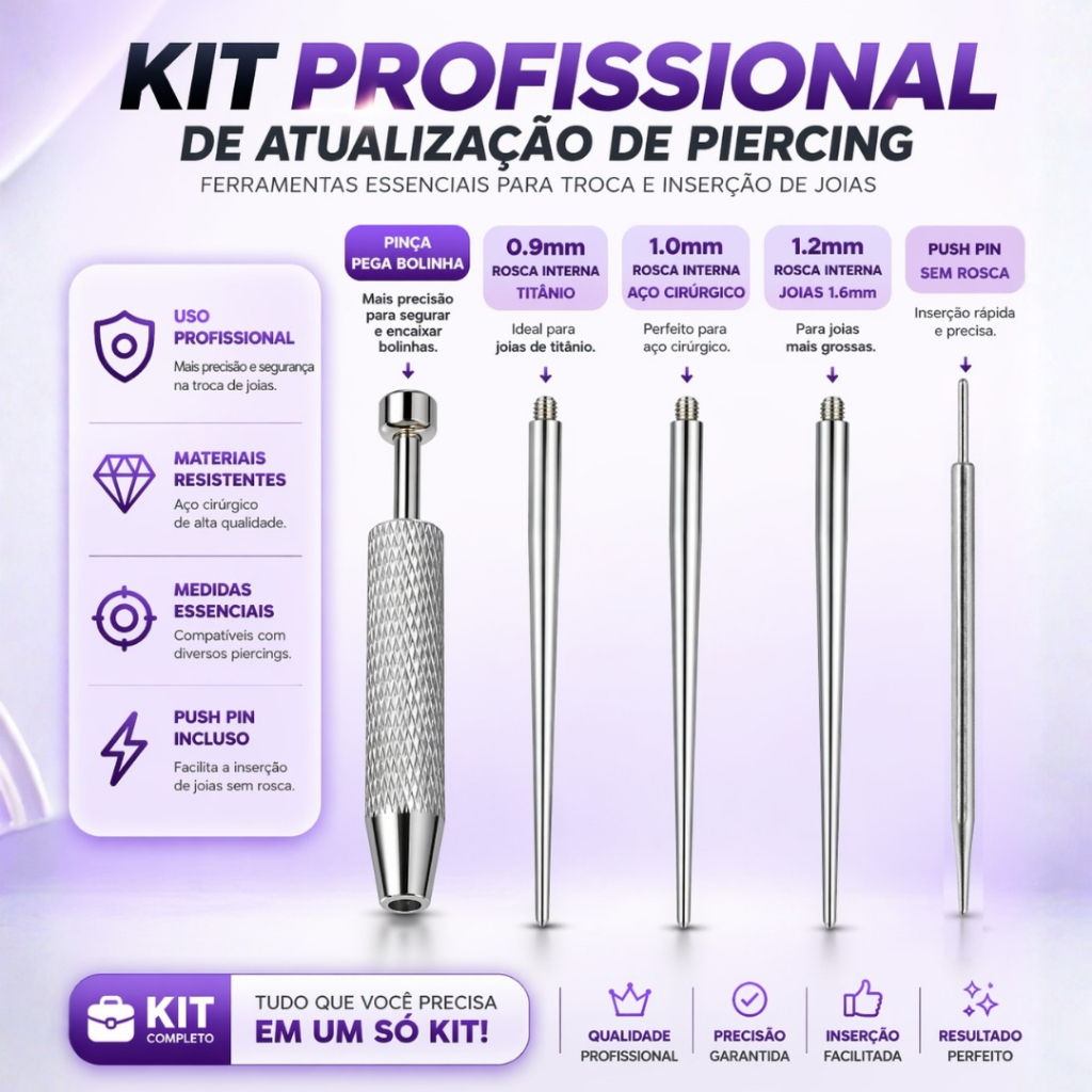 Kit Troca Piercing Completo com Taper Rosca Interna + Push Pin Pega ...