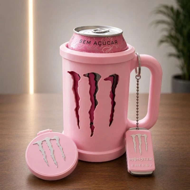 Kit Porta Lata Monster Energy  com Alça + Tampa + Chaveiro Abridor | Suporte Térmico Energético