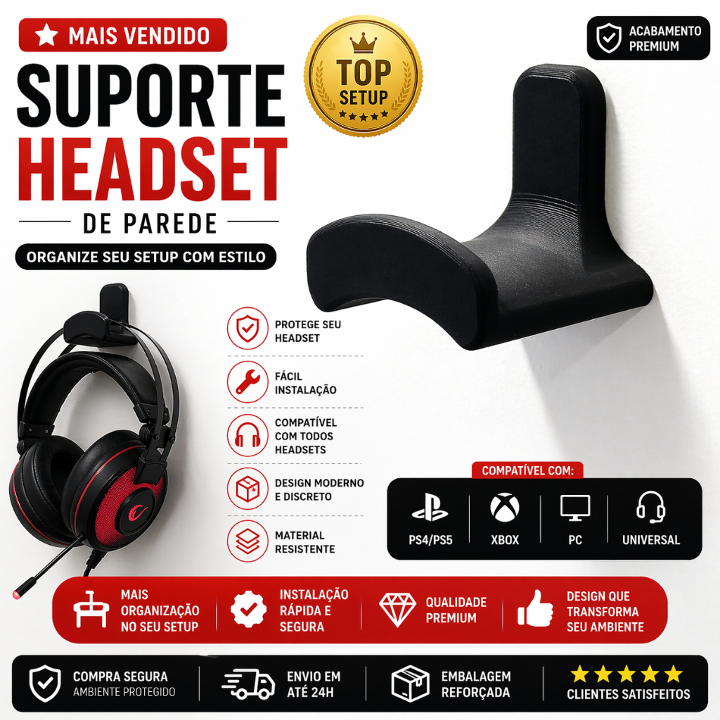 Suporte Headset Gamer de Parede | Organizador Fone PS4 PS5 Xbox PC | Suporte Fone Ouvido Premium 3D