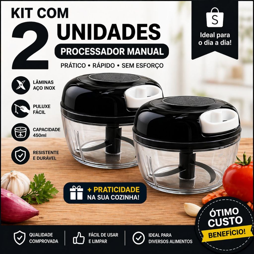 Kit 2 Triturador Manual 500ml 3 Lâminas Inox | Processador P