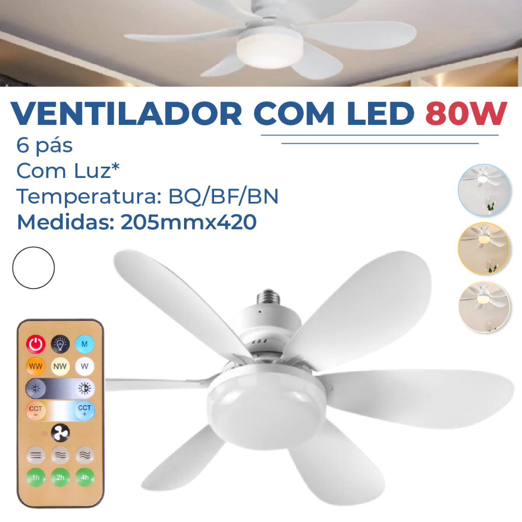 Lâmpada Ventilador de Teto LED E27 80W com Controle Remoto Bivolt