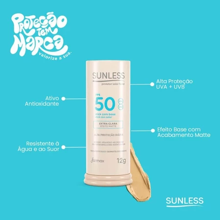 Ilustração detalhada de uma unidade do protetor solar Sunless FPS 50 com setas indicando benefícios como resistência à água e efeito matte.