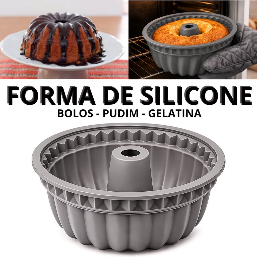 Forma De Silicone Redonda Cinza 23cm Antiaderente Bolo Pudim