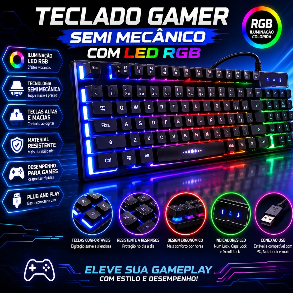 Teclado Gamer Semi Mecânico Com LED RGB USB Português/BR PC PS4 — imagem 2