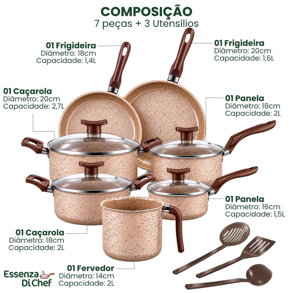 Jogo De Panelas Antiaderente 10 Peças Bianco Conjunto Kit Teflon  Com Tampa De Vidro Temperado - Imagem 3