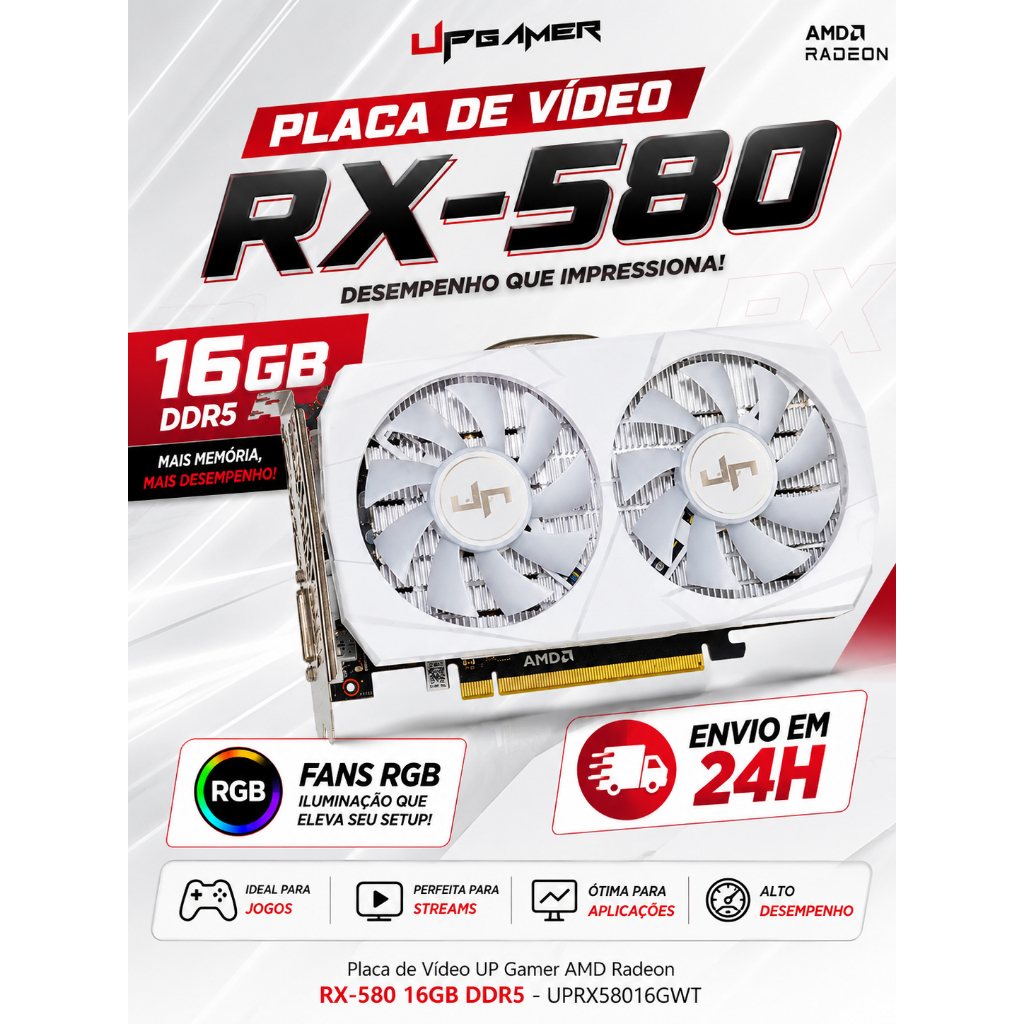 Placa de Vídeo RX 580 16GB GDDR5 AMD Radeon – Edição White