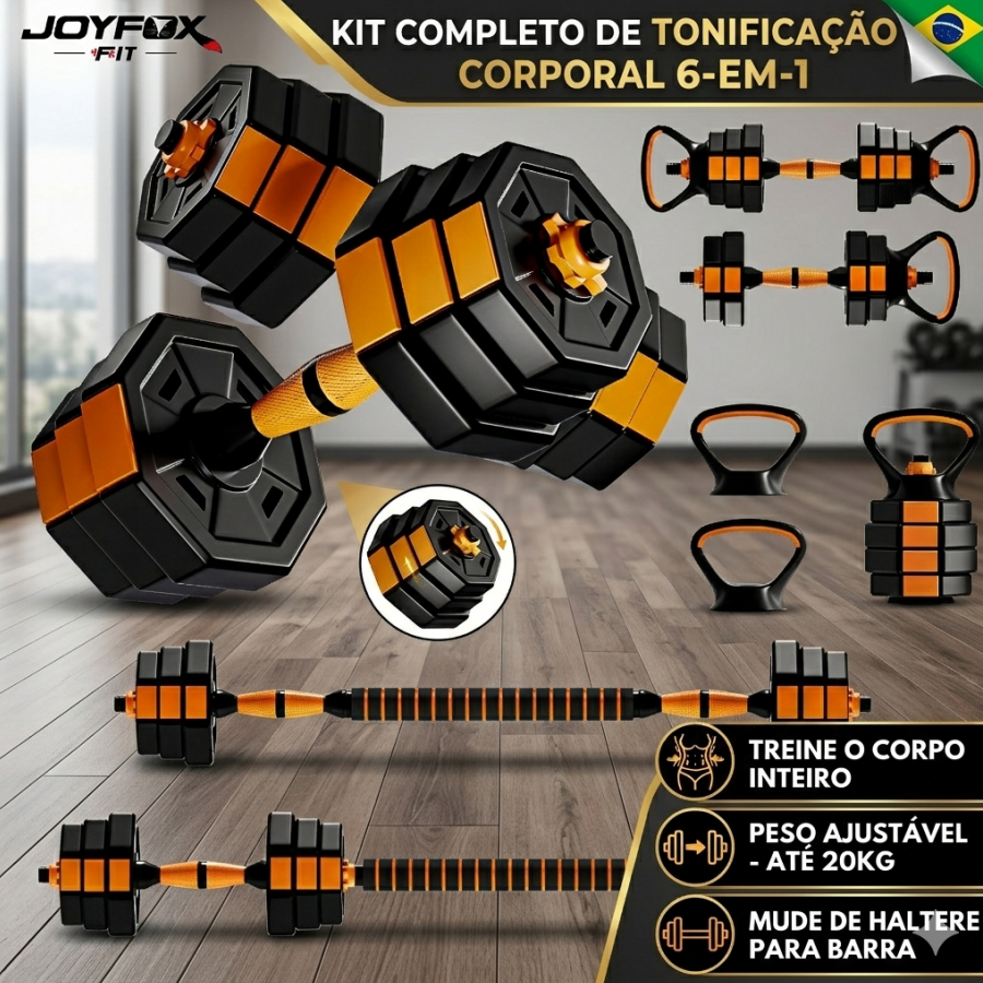 Halteres Kettlebell 6 Em 1 Octágono Barbell Regulável Até 20kg Joyfox Fitness Cor Laranja