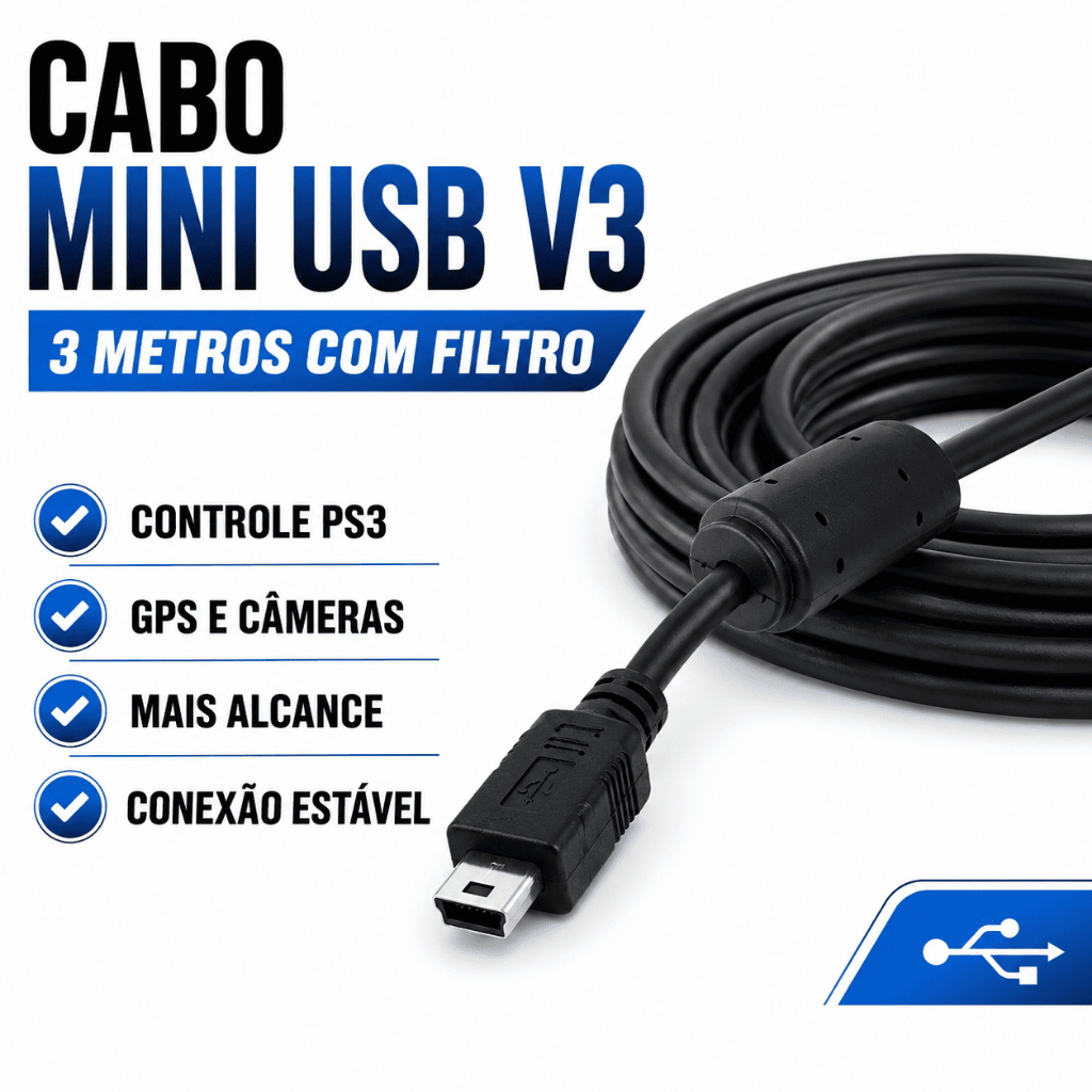 Cabo Mini USB V3 3 Metros Com Filtro Para Controle PS3 Carrega e ...
