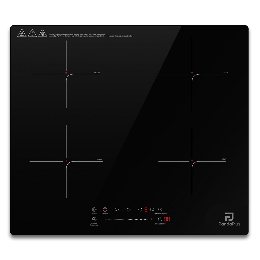 Cooktop Indução 4 Bocas 7000W Preto 220V Painel Touch Embutir Mesa Vitrocerâmica  Panda Plus