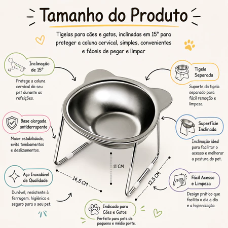 Comedouro Elevado Inox para Gatos e Cães Tigela em Aço Inoxidável Bebedouro e Pote para Ração De Pet