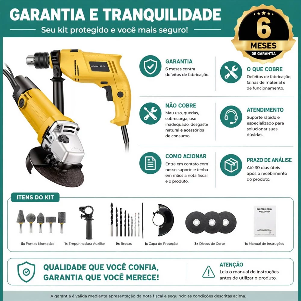 Kit 2 Peças Furadeira Parafusadeira e Esmerilhadeira Elétrica com Fio Alta Potência Ferramenta Profissional - Imagem 2